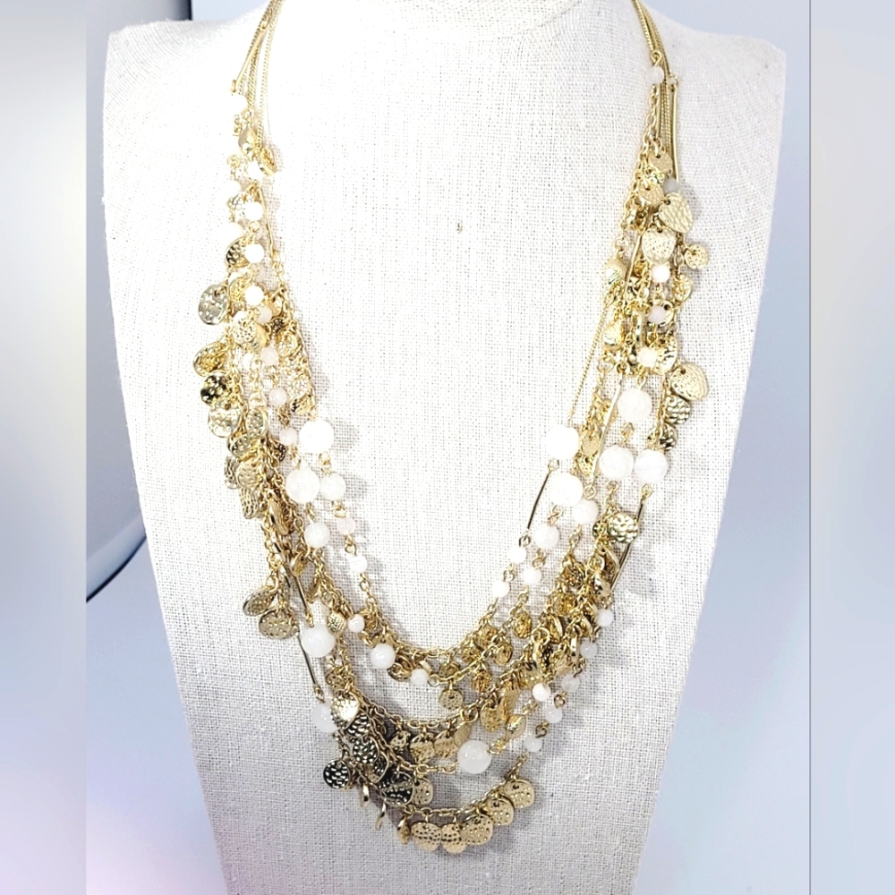 NWT-💛💗Sequin-Gold toned Multi Strand coined w Pink Quartz Statement Necklace